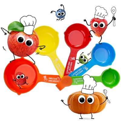 Freche Freunde - Blogbeitrag 1 Cup in Gramm – Cup Maßeinheit auf einen Blick! Alfred Apfel, Edda Erdbeere und anderes freches Obst & Gemüse in gut gelaunter Backstimmung auf und in Cup-Messbechern