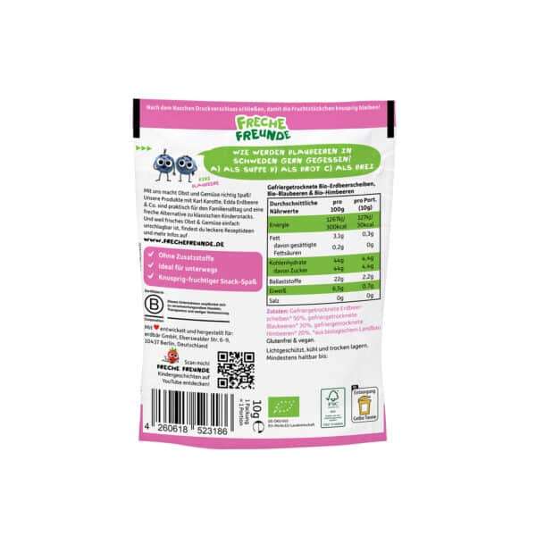 Rückseite der Freche Freunde Fruchtchips Roter Beerenmix mit Bio-Siegel und Produktinformationen