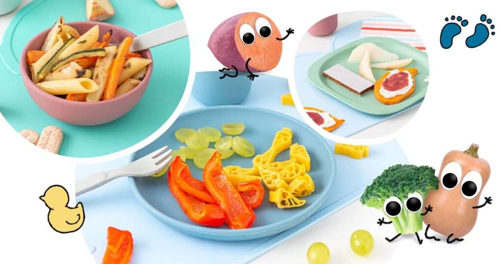 Entdecke BLW Teller Ideen: Nudelsalat, Nudeln mit Paprika & Weintrauben und Süßkartoffel-Schnitte u.m.