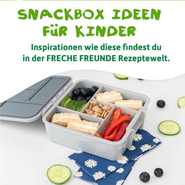 Eine geöffnete graue Bento-Box mit liebevoll zusammengestelltem Kita-Snack: darin Freche Freunde Bio Riegel Rote Traube, Banane & Aronia, Paprikastreifen, Gurkenscheiben, Blaubeeren und Getreide-Snack. Drumherum verstreut: Gurkenscheiben und Blaubeeren. Text: „Snackbox Ideen für Kinder – Inspirationen findest du in der Freche Freunde Rezeptwelt.“