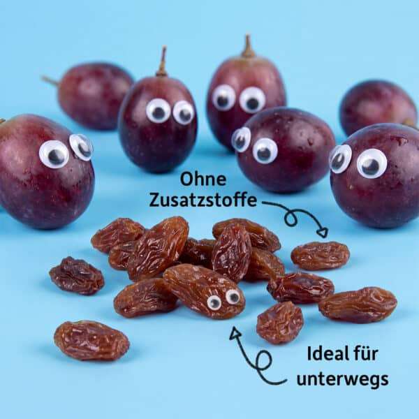 Freche Freunde Freche Rosinchen mit abgebildeten Rosinen und einer Übersicht der Produktvorteile.