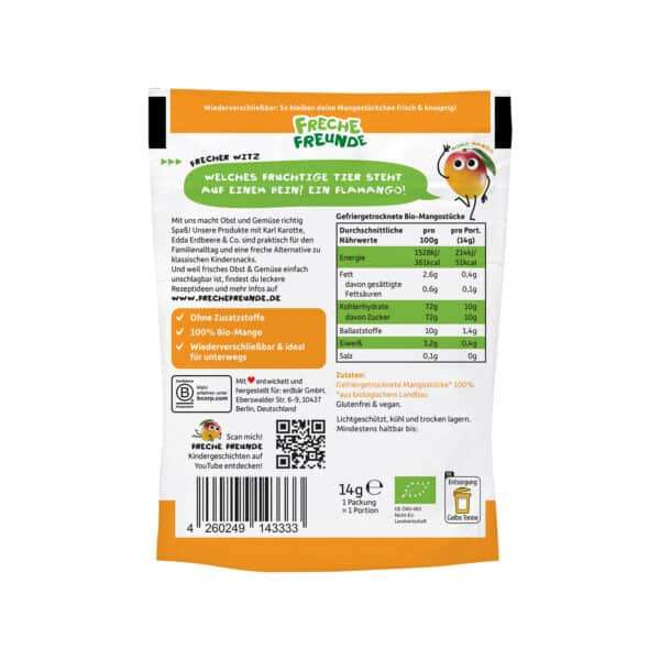 Freche Freunde Mango Fruchtchips, Rückseite mit Nährwertinformationen und Produktinfos