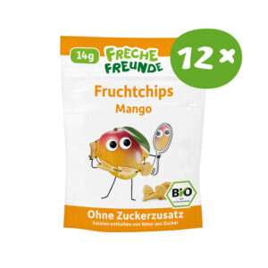 Freche Freunde Mango Fruchtchips, Frontansicht, Vorratspackung mit 12 Packungen