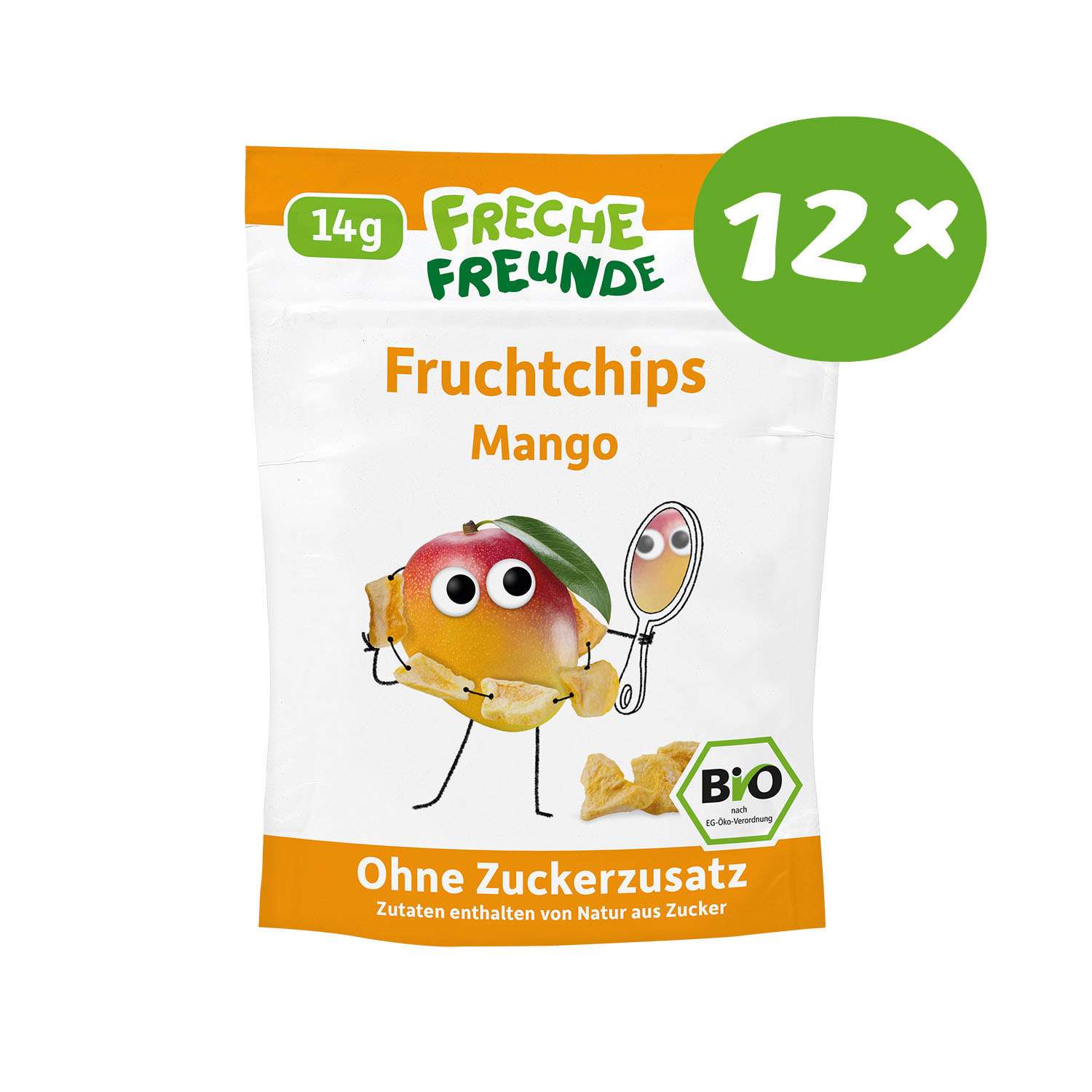 Freche Freunde Mango Fruchtchips, Frontansicht, Vorratspackung mit 12 Packungen