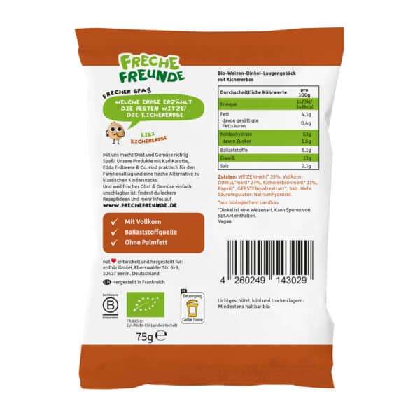 Rückseite der Freche Freunde Bio Brezeln Kichererbse mit Produktinformationen