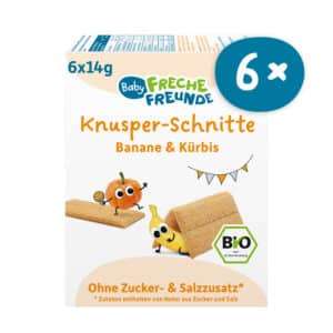Baby Freche Freunde Knusper Schnitte Banane & Kürbis Frontansicht. Vorratspackung mit 6 Packungen