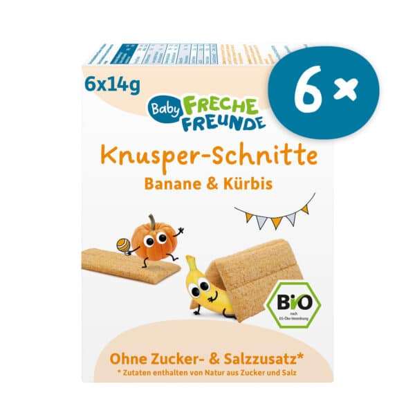 Baby Freche Freunde Knusper Schnitte Banane & Kürbis Frontansicht. Vorratspackung mit 6 Packungen
