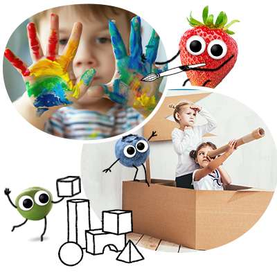 Freche Freunde - Indoor-Aktivitäten - Kind mit bunt angemalten Händen, Kinder im selbstgebasteltem Schiff
