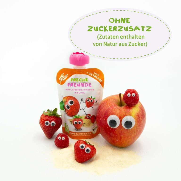 Quetschie Apfel Erdbeere Himbeere mit Grieß - Freche Freunde