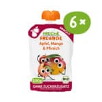 Freche Freunde Bio-Quetschie Apfel, Mango & Pfirsich 6x100g mit Alfred Apfel, Momo Mango und Peggy Pfirsich auf der Verpackung. Ohne Zuckerzusatz, 100 g, fruchteigene Süße, Bio-Qualität.