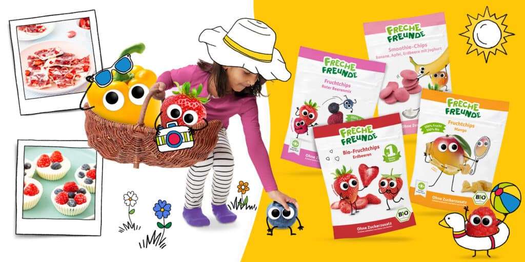 Sommer Snacks für heiße Tage: in der Mitte ist ein Mädchen mit einem Sommerhut und einen Korb mit Sommerobst. Rechts sind Freche Freunde Snacks abgebildet und links zwei Rezeptbilder.