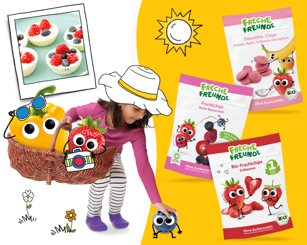 Sommer Snacks für heiße Tage: in der Mitte ist ein Mädchen mit einem Sommerhut und einen Korb mit Sommerobst. Rechts sind Freche Freunde Snacks abgebildet und links zwei Rezeptbilder.