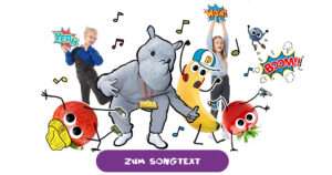 Klick hier zum Songtext für's Tanzvideo für Kinder. Kids, DIKKA, Bob Banane & Co. feiern ordentlich dazu ab!