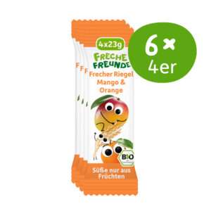 Freche Freunde Bio Frecher Riegel Mango & Orange im Vorratspack mit 6x4 Riegeln à 23 g. Auf der Verpackung lächeln Momo Mango und Olga Orange frech. Text auf der Packung: „Süße nur aus Früchten“,
