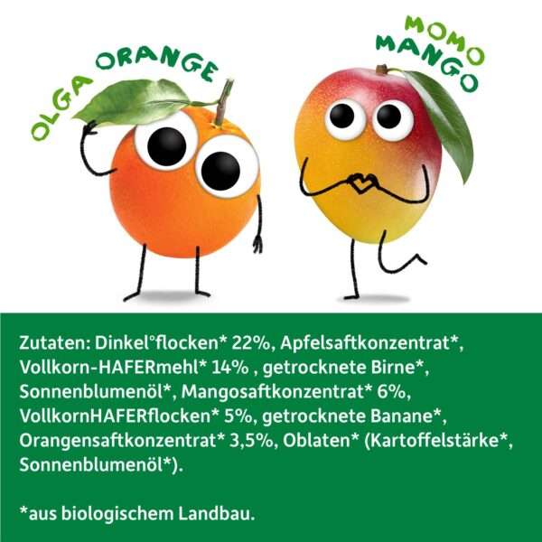 Momo Mango und Olga Orange, unsere frechen Fruchtfreunde, präsentieren die Zutaten von Freche Freunde Bio Riegel Mango & Orange
