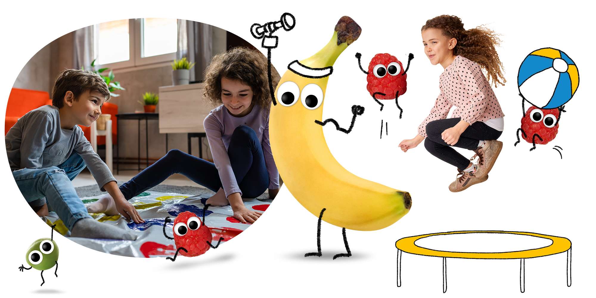Freche Freunde - Indoor-Aktivitäten - Kinder spielen Twister, Bob Banane mit Hantel, Kind springt mit Himbeerbande Trampolin