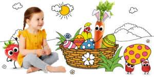 Glückliches Mädchen guckt auf freche Freunde in Osterstimmung in einem Osterkorb voller natürlich gefärbten Eiern.