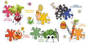 Eier natürlich färben mit Obst und Gemüse, so wie sie auf ihrem jeweiligen verschieden farbigen Farbkleksen stehen.