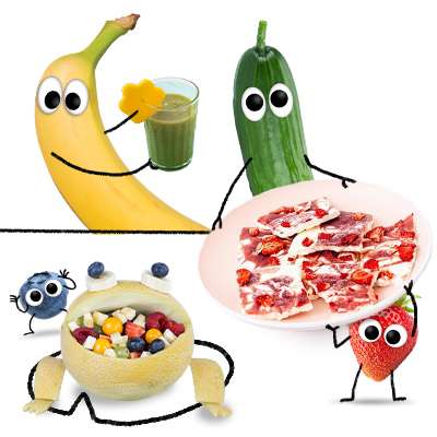 Freches Obst & Gemüse mit gesunden Snacks für Kinder.