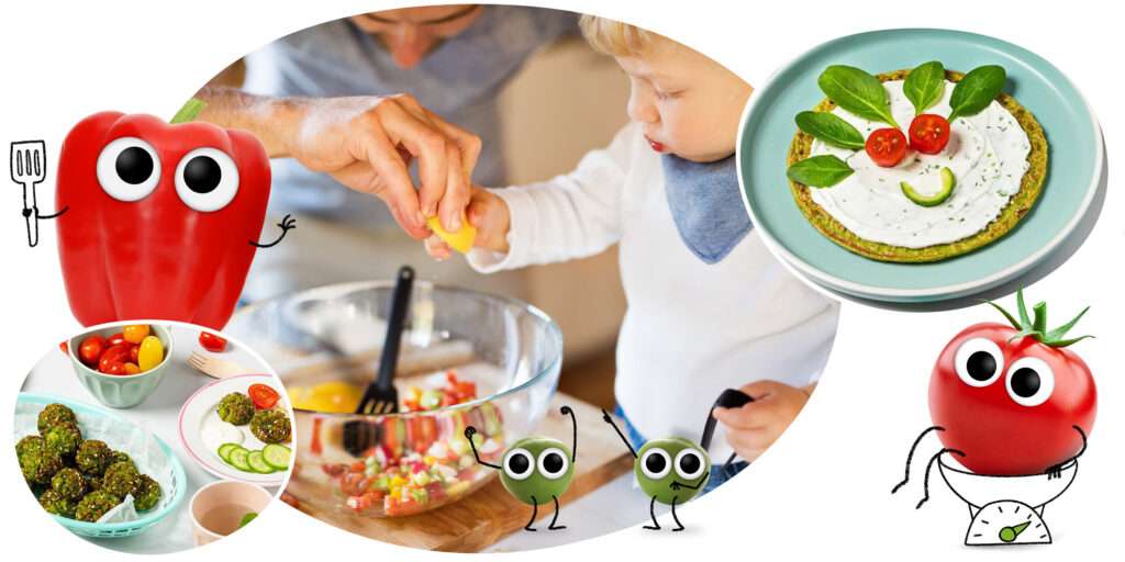 Kind und Papa mixen einen Salat. Freches Gemüse freut sich beim Spinatpfannkuchen-Gesicht - kochen mit Kindern Rezepte.