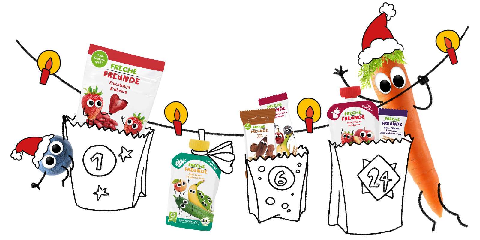 Adventskalender selber befüllen - Freche Freunde Snacks als Füllideen