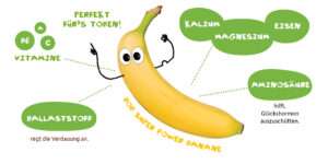 "Warum ist die Banane krumm?" Gesund ist sie wegen der aufgeführten Vitamine , Mineralien & Co.