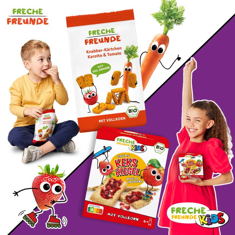 Freche Freunde - Presseinfo Vorschau - Neue Snacks: Knabber-Kärtchen Karotte & Tomate und Eddas Keks Riegel Apfel & Erdbeere