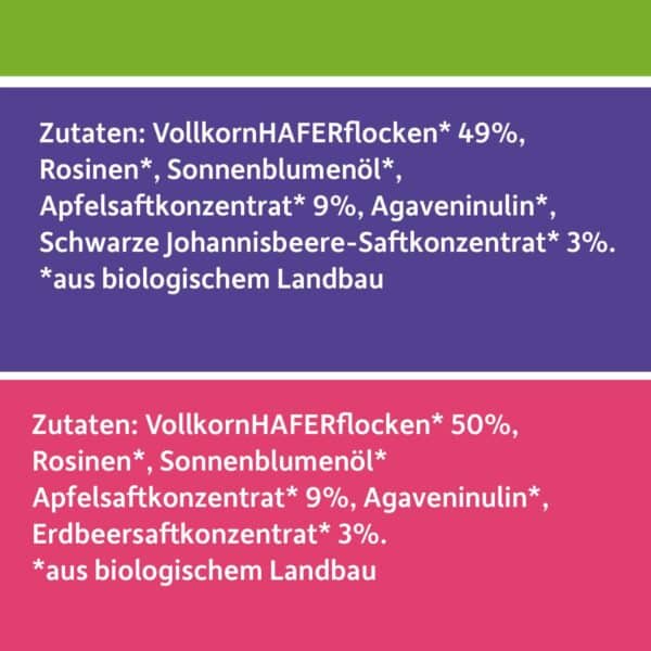 Zutatenliste der Sorten Apfel & schwarze Johannisbeere und Apfel & Erdbeere