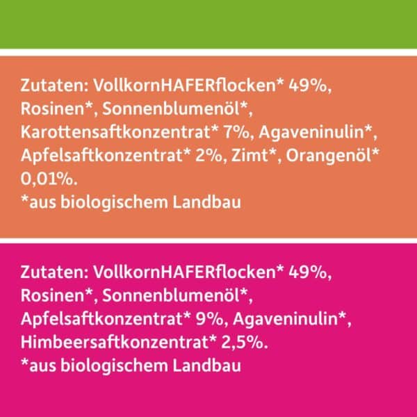 Zutatenliste von Freche Freunde Bio Hafer-Mini-Mix und Sorte Apfel-Himbeere