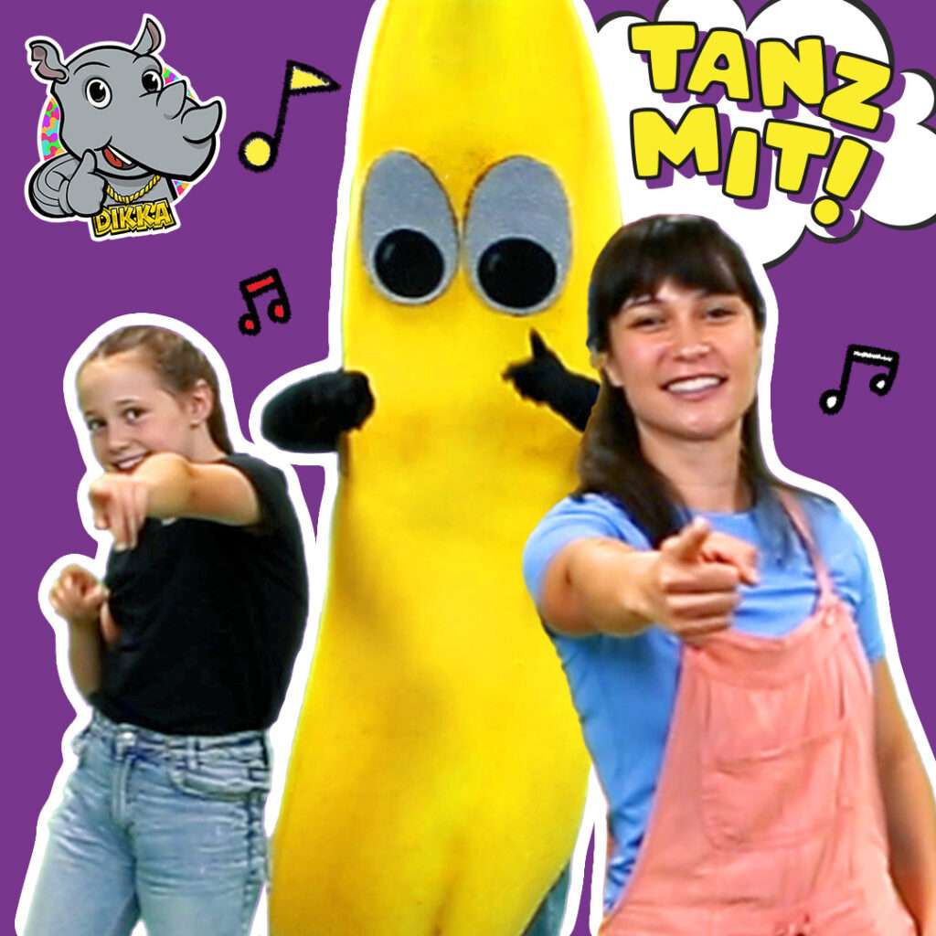 Freche Freunde - Blog - Kindertanzlieder Tanzchoreografie - "TANZ MIT!" -Kinder, Choreografin und Bob Banane tanzen cool zum Lied "Hauptsache frech!" mit DIKKA