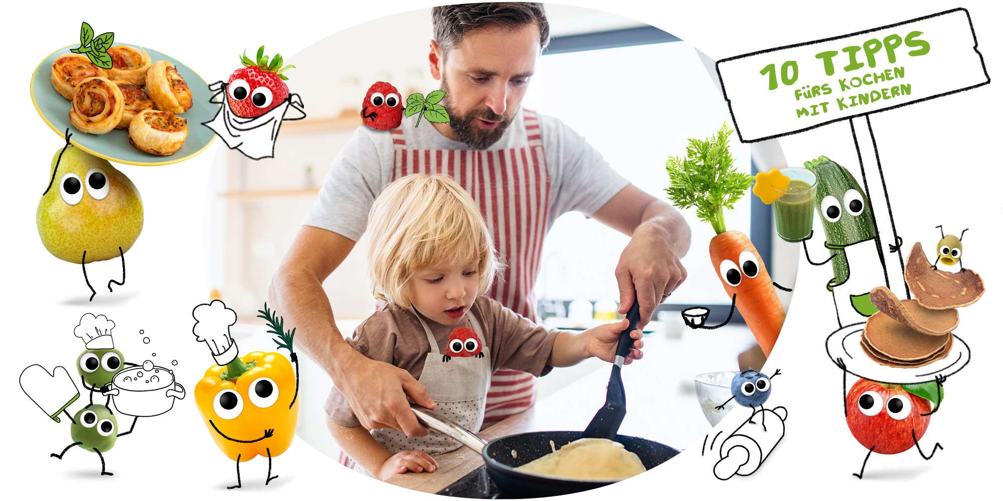 Freche Freunde - Blogbeitrag 10 Tipps fürs Kochen mit Kindern - Papa und Kind flippen zusammen Pancake in der Pfanne und Freche Freunde Bande sind in Kochstimmung