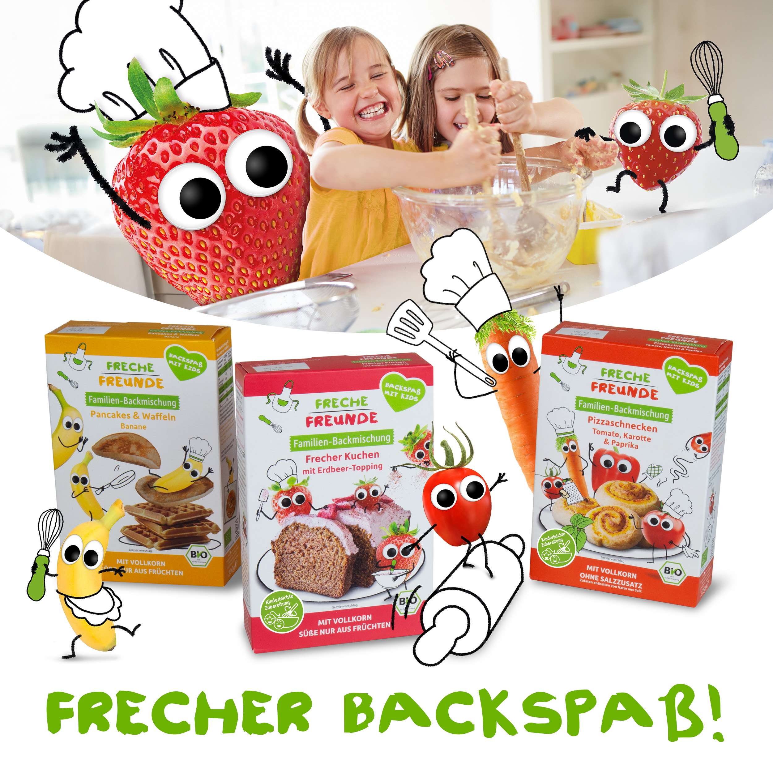 Freche Freunde - Presseinfo Vorschau - Frecher Backspaß: 3 Backmischungen Waffeln / Pancakes, Kuchen, Pizzaschnecken