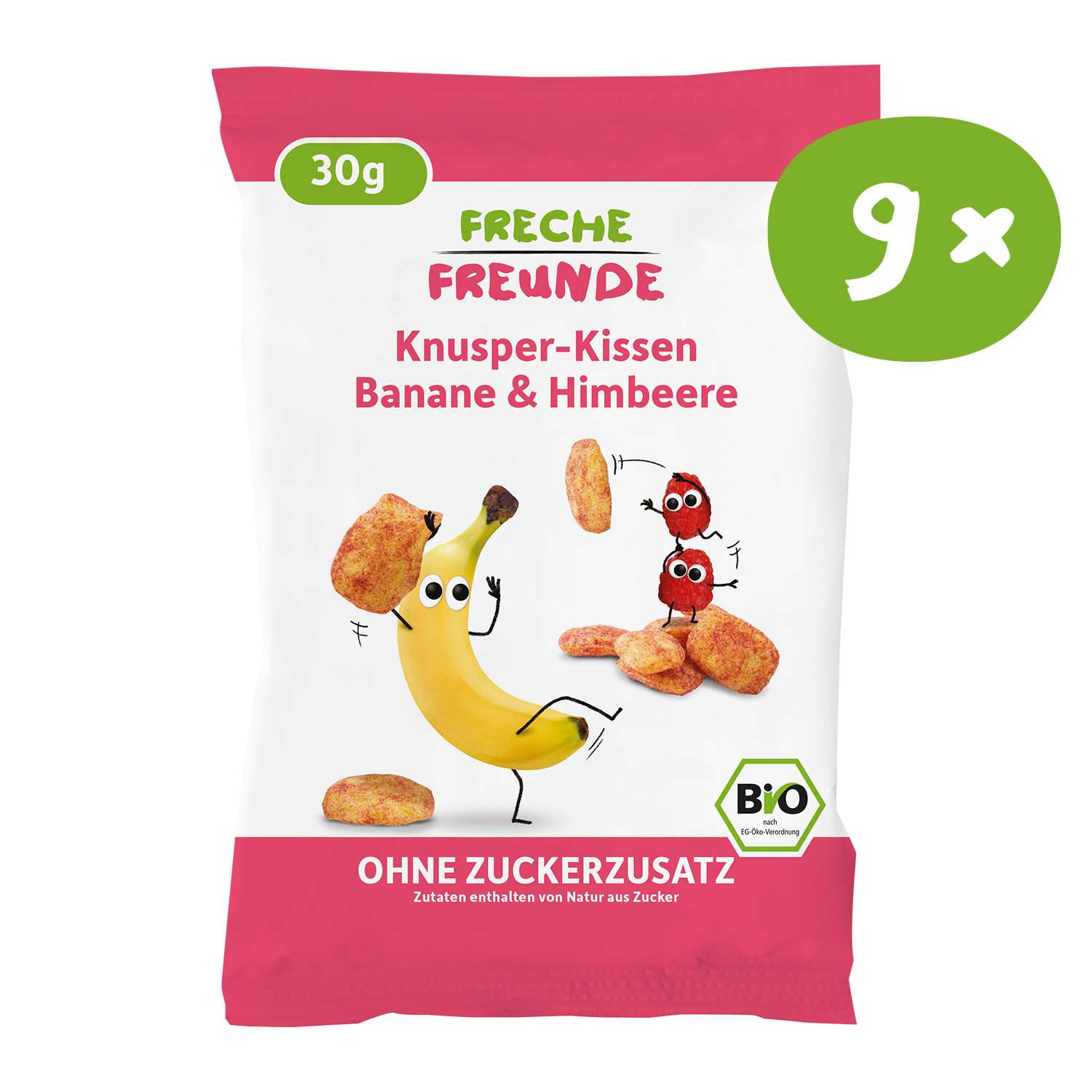 9x 30g Knusper-Kissen Banane & Himbeere. Bio & ohne Zuckerzusatz (Zutaten enthalten von Natur aus Zucker). Himbeerbande macht Kissenschlacht mit Bob Banane.