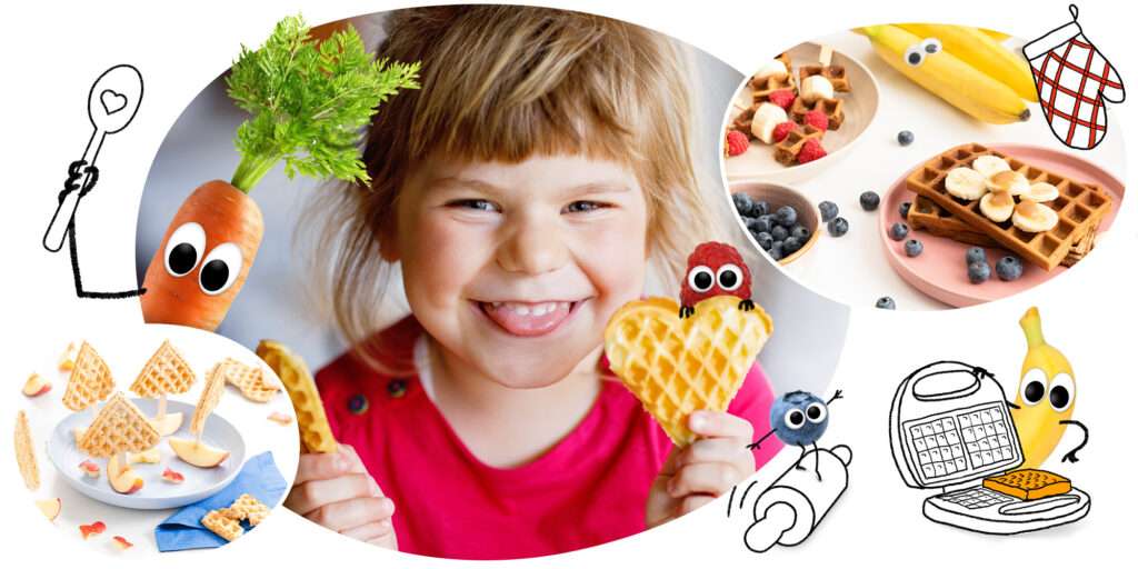 Freche Freunde - Blogbeitrag Waffeln für Kinder - Mädchen steckt frech die Zunge raus und hält Waffeln in Herzform hoch. Karl Karotte, Bob Banane, Hansi Himbeere und Bibi Blaubeere freuen sich, die Waffeln zu backen. Oben rechts sind 2 leckeraussehende Waffeln mit Bananen und Blaubeeren. Unten links sind 4 Waffel-Schiffchen (jeweils eine Waffel auf einem Stäbchen, dass in ein Apfelstück steckt)