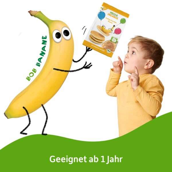 Bob Banane mit einer Tüte Pancakes und einem Kleinkind welches mit dem Finger darauf zeit. Geeignet ab 1 Jahr