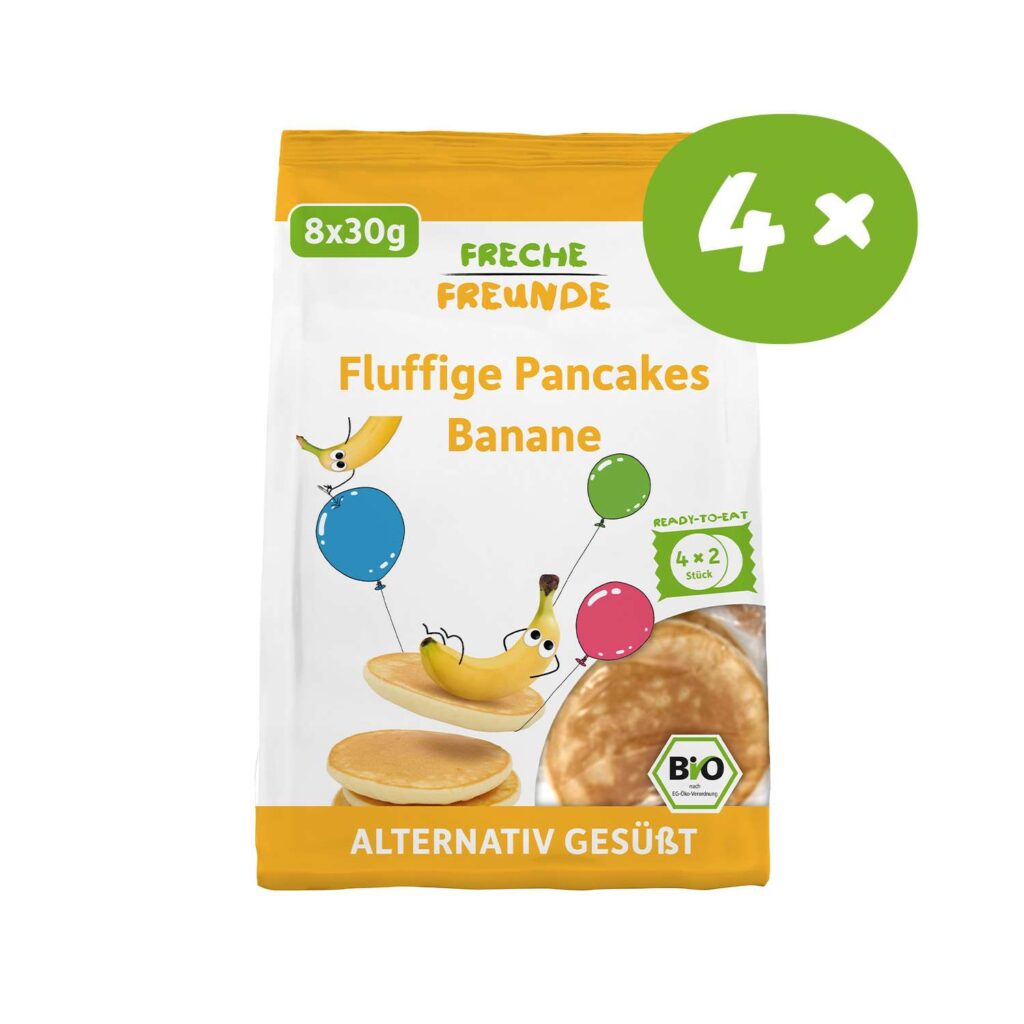 Verpackung mit 4x8x30g Freche Freunde Bio Fluffige Pancakes Banane, Ready-to-eat. Alternativ Gesuesst
