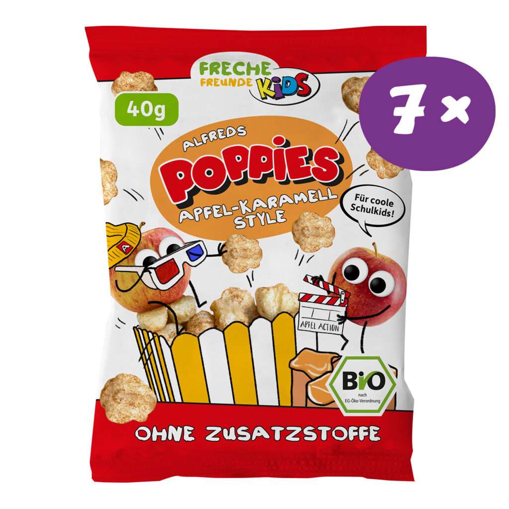 7xFreche Freunde Bio Alfreds Poppies Apfel Karamell Style 7x40g, Ohne Zusatzstoffe.