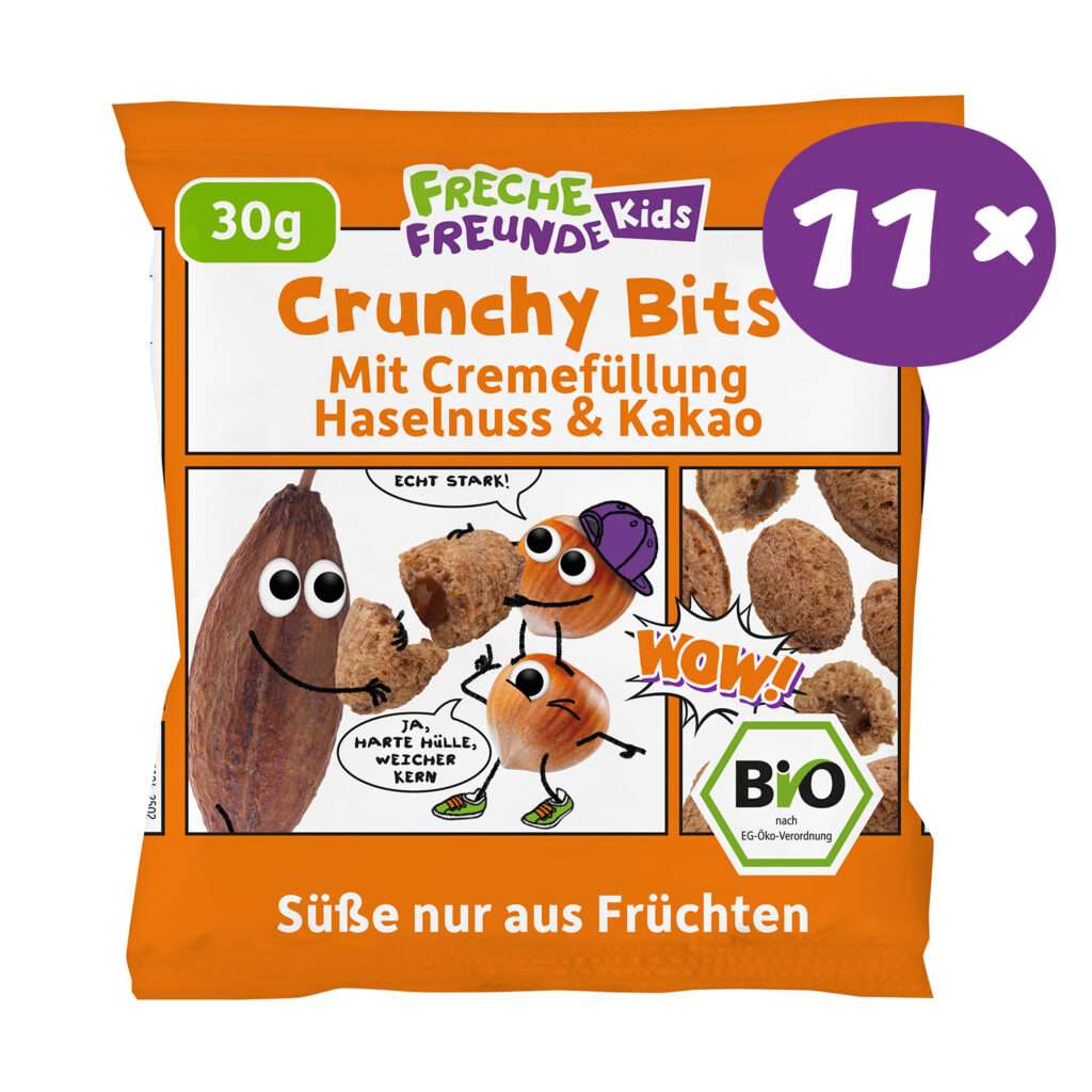 11x Freche Freunde Kids Bio Crunchy Bits, 11x30g, Mit Cremefüllung Haselnuss & Kakao, Süße nur aus Früchten