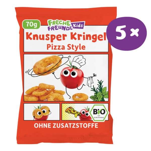 Frontansicht der Freche Freunde Kids Knusper Kringel Pizza Style Vorratspackung mit 6 Packungen