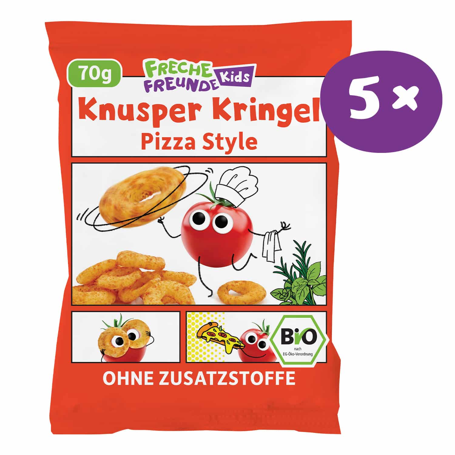 Frontansicht der Freche Freunde Kids Knusper Kringel Pizza Style Vorratspackung mit 6 Packungen