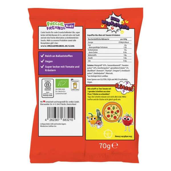 Rückseite der Freche Freunde Kids Knusper Kringel Pizza Style Verpackung mit Produktinformationen