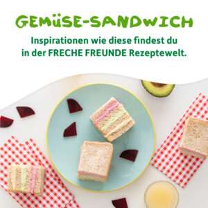 Gemüse-Sandwich: Sandwich-Happen angerichtet auf einem Teller, darüber steht Inspirationen wie diese findest du in der Freche Freunde Rezeptwelt.