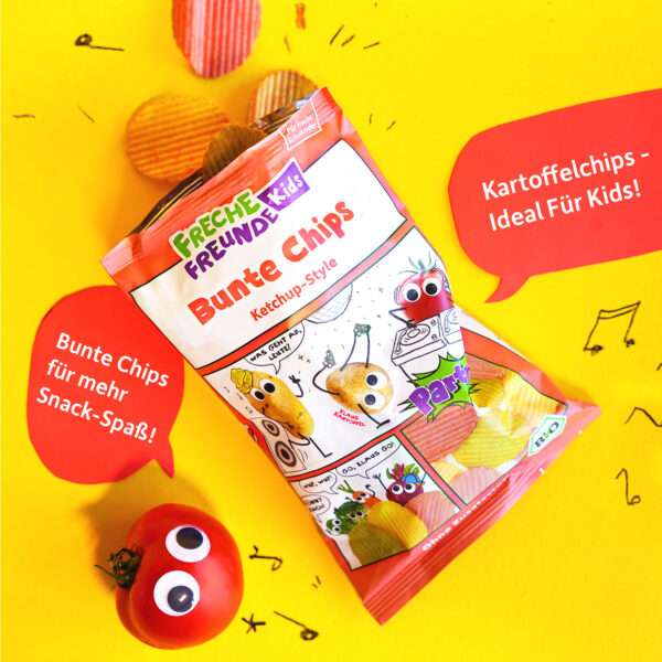 Freche Freunde Bio Bunte Chips Ketchup-Style mit Produktvorteilen: knusprige bunte Kartoffelchips, salzfrei, vegan, mit Karl Kartoffel, Karla Karotte, Paule Pastinake und Tom Tomate – perfekt für Snackspaß zu Hause, in der Brotdose oder auf Partys.