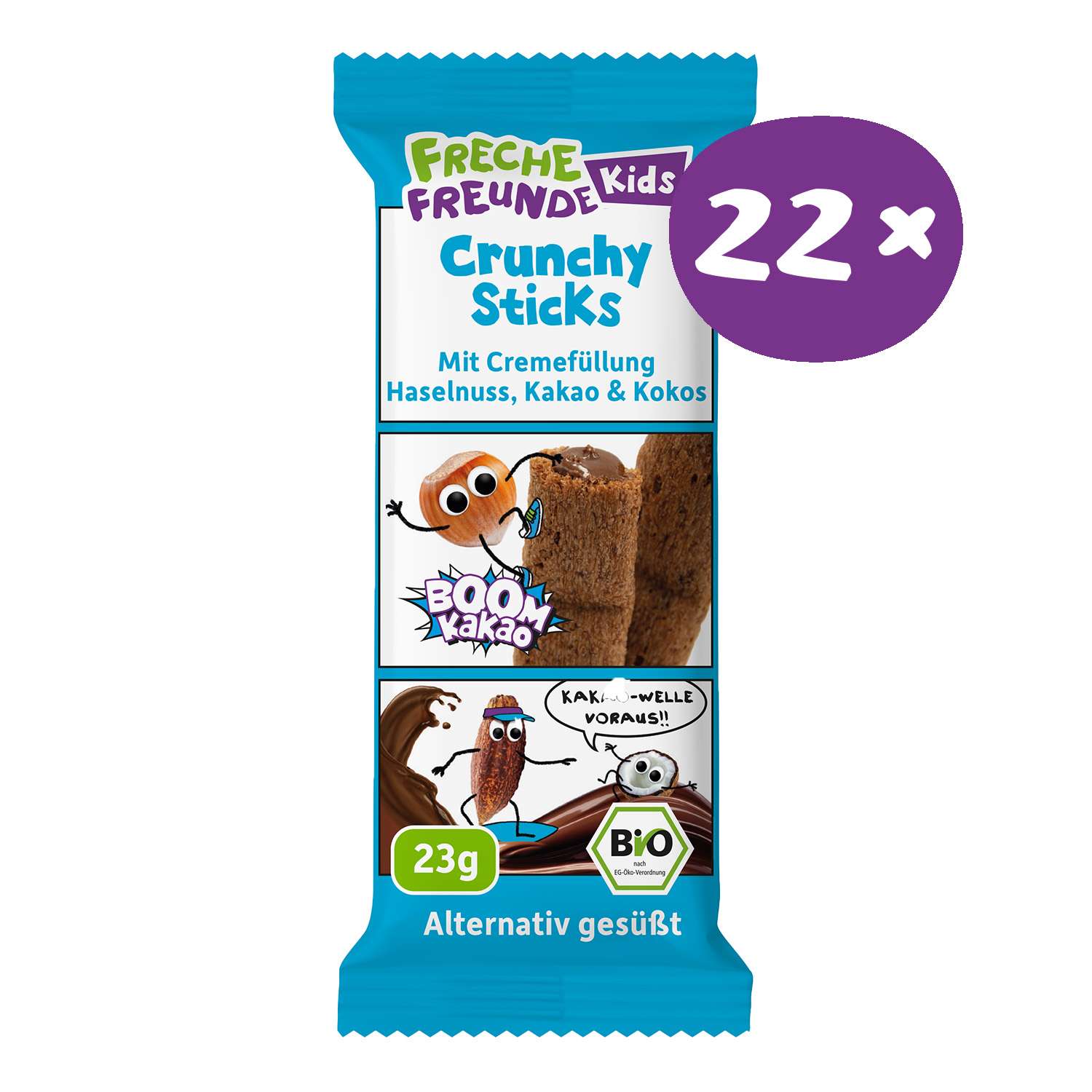 22x 23g Freche Freunde Kids Curnchy Sticks, blaue Verpackung im Cartoon Style.