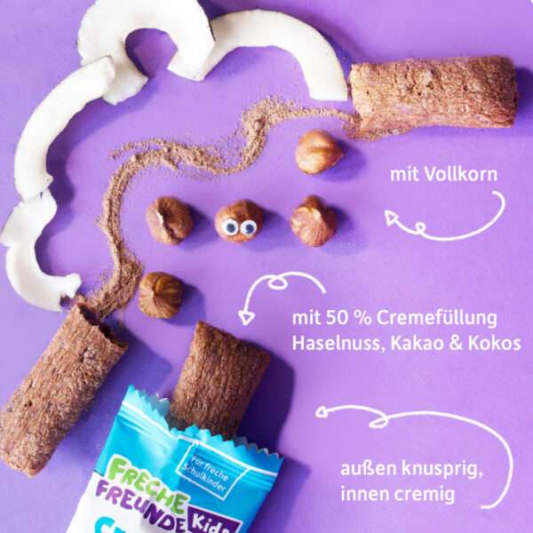 Freche Freunde Crunchy Stick mit Vollkorn, 50 % Cremefüllung aus Haselnuss, Kakao & Kokos. Außen knusprig, innen cremig.