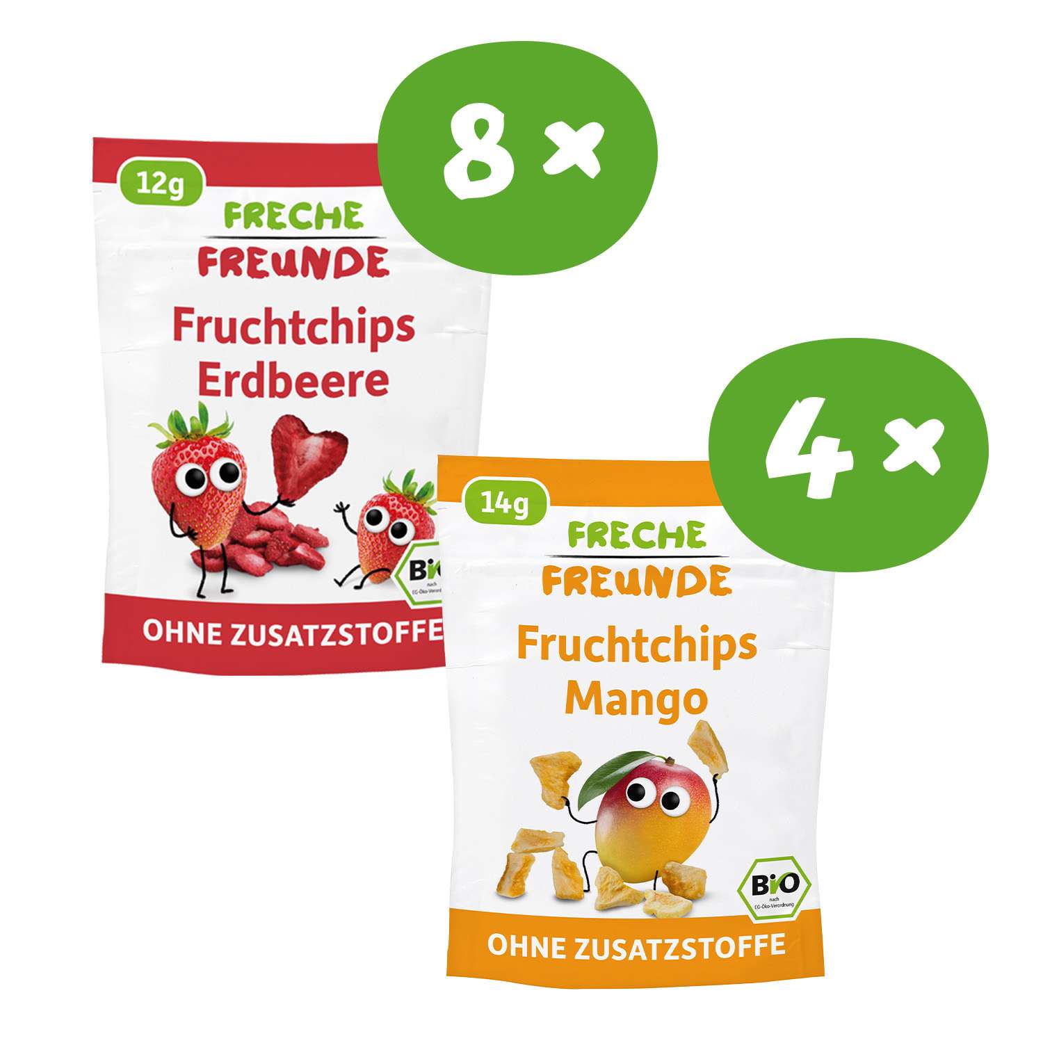 8x Bio Erdbeere Fruchtchips ohne Zuckerzusatz und 4x Bio Mango Fruchtchips Zuckerzusatz