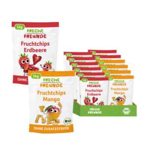 8x Bio Erdbeere Fruchtchips ohne Zuckerzusatz und 4x Bio Mango Fruchtchips Zuckerzusatz im Tray.