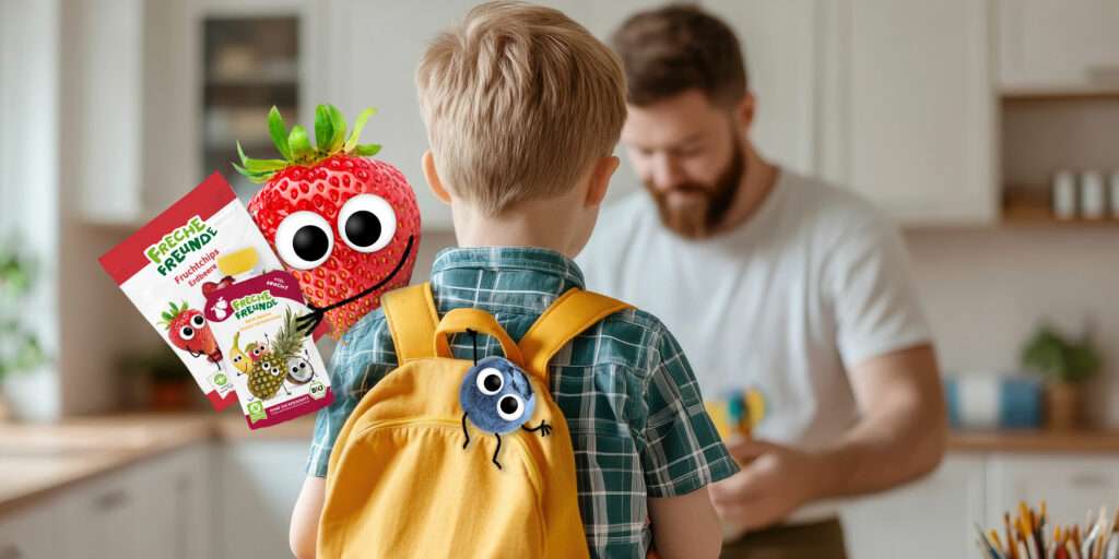 Papa bereitet die Snacks für unterwegs vor. Edda Erdbeere sitzt auf der Schulter vom Sohn mit Fruchtchips & Quetschie in der Hand. Bibi hängt am Rucksack.