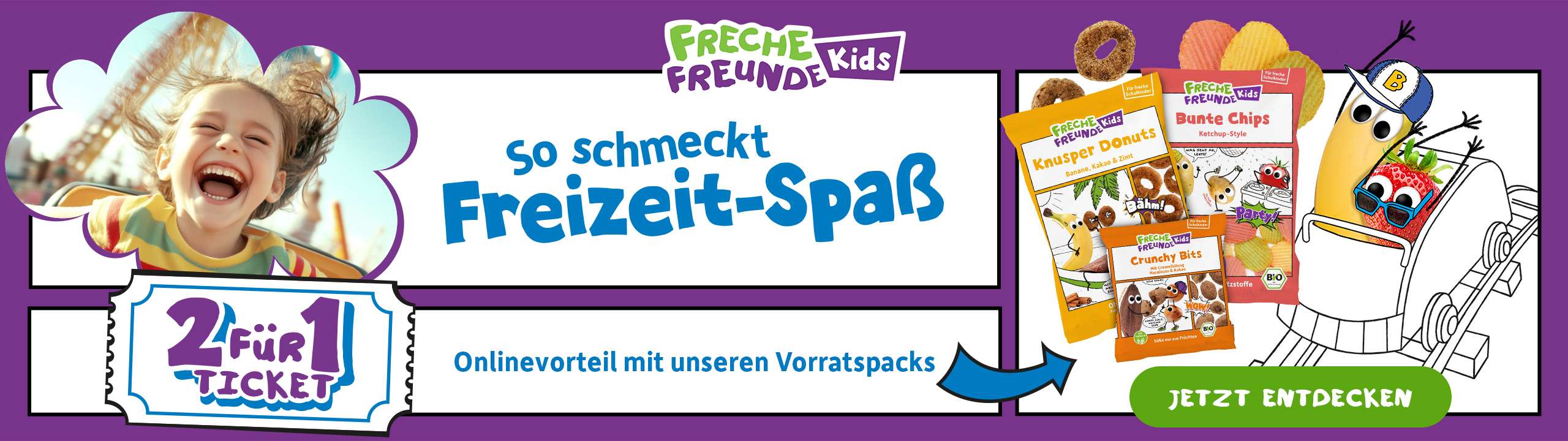 Kind lacht in Achterbahn, daneben bewirbt Freche Freunde Kids ein „2 für 1 Ticket“ mit Snackpaketen zum Onlinevorteil.