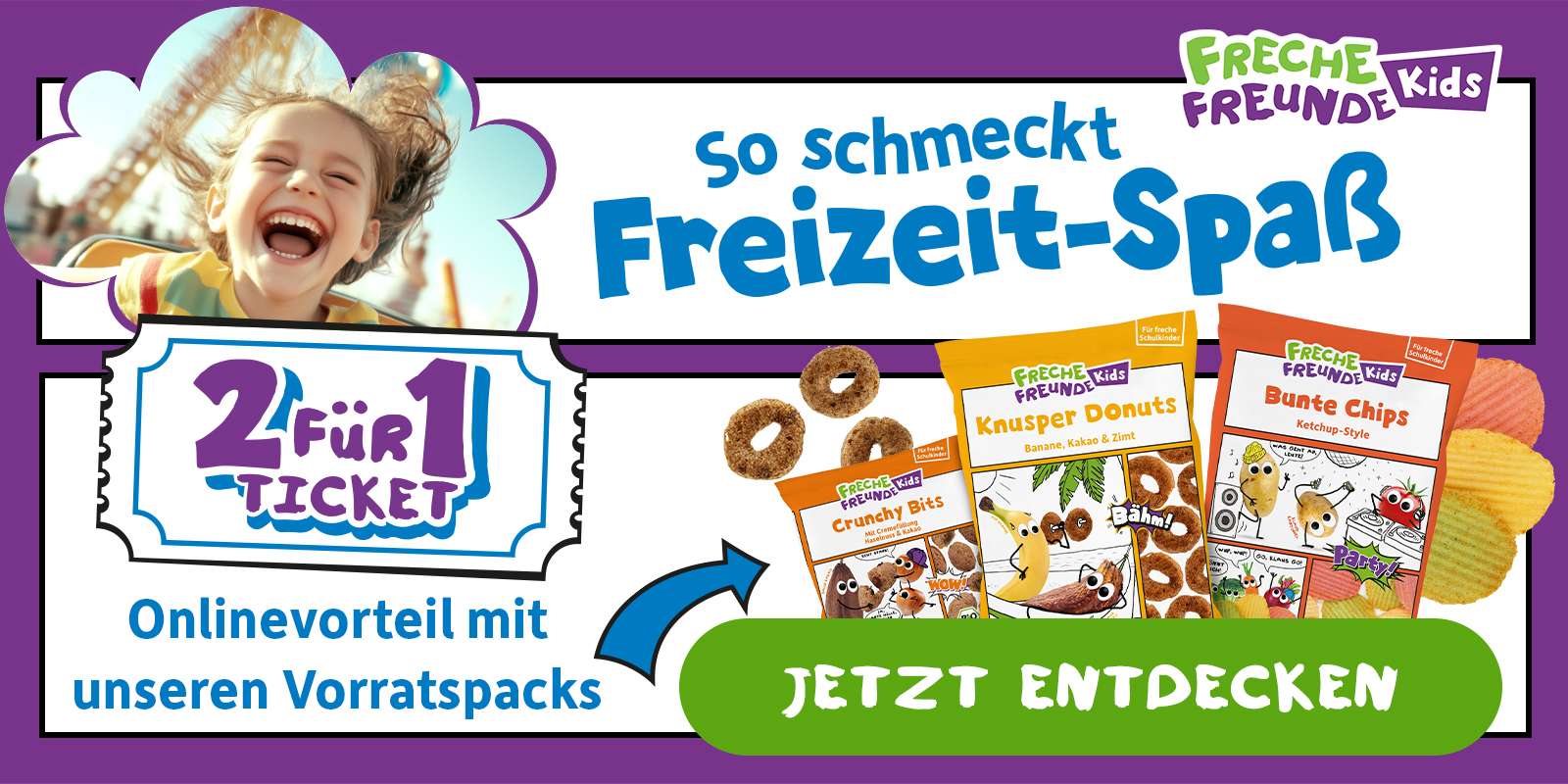 Kind lacht in Achterbahn, daneben bewirbt Freche Freunde Kids ein „2 für 1 Ticket“ mit Snackpaketen zum Onlinevorteil.